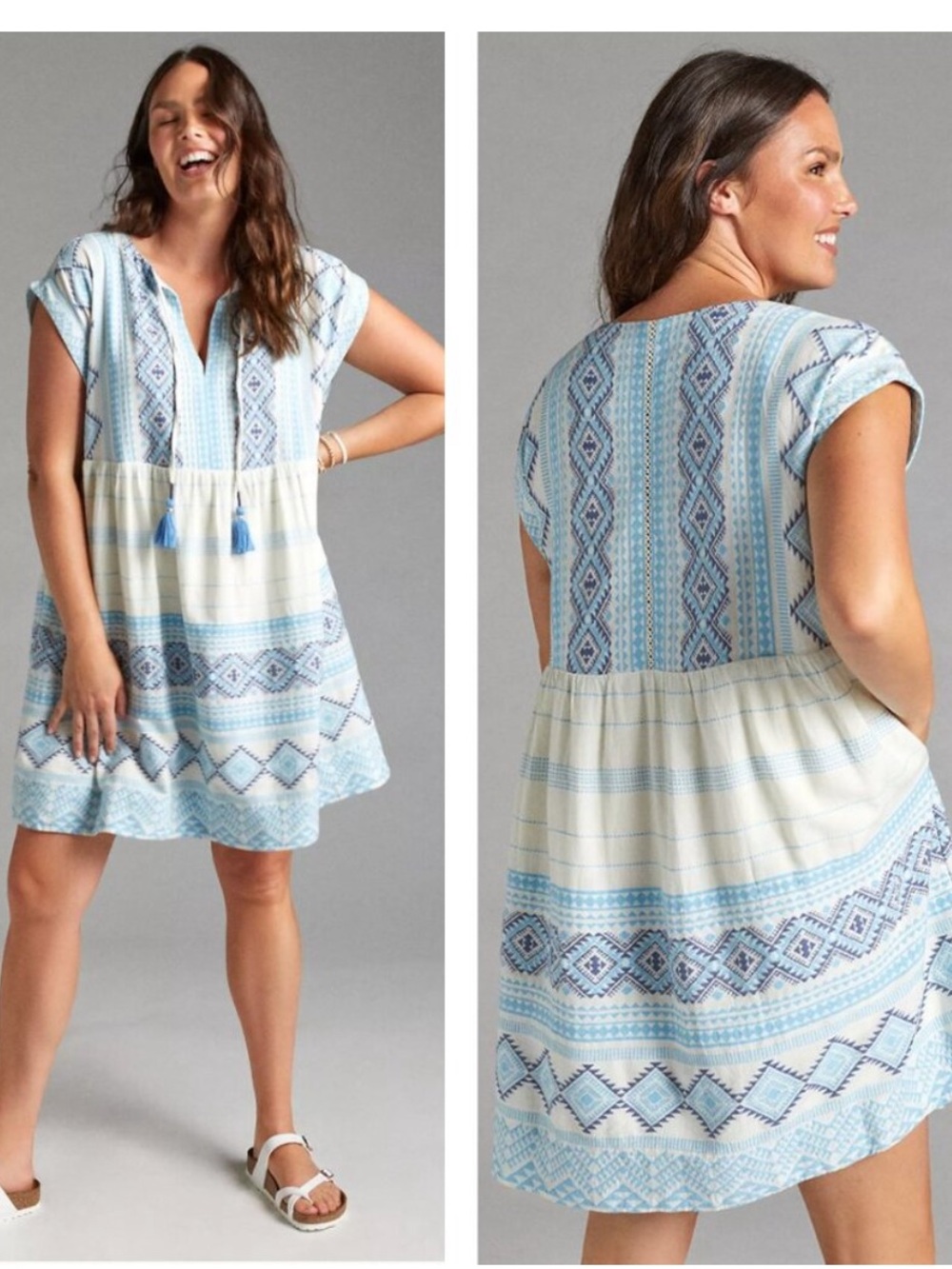 Anthropologie Blue Cream Aztec Boho Jacquard Tunic plus size Dress Size 2X